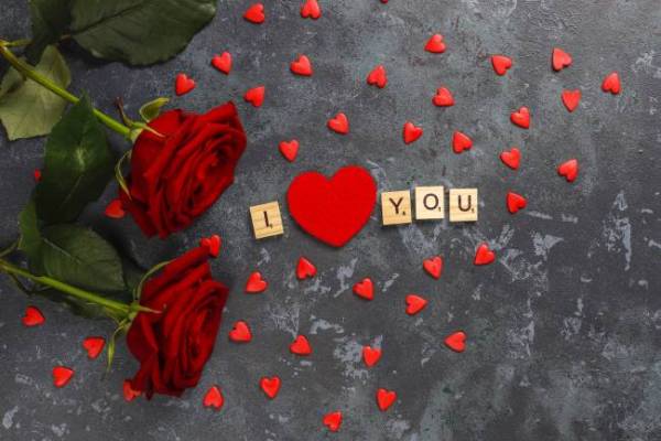 Deux roses rouges et des cœurs pour la Saint-Valentin